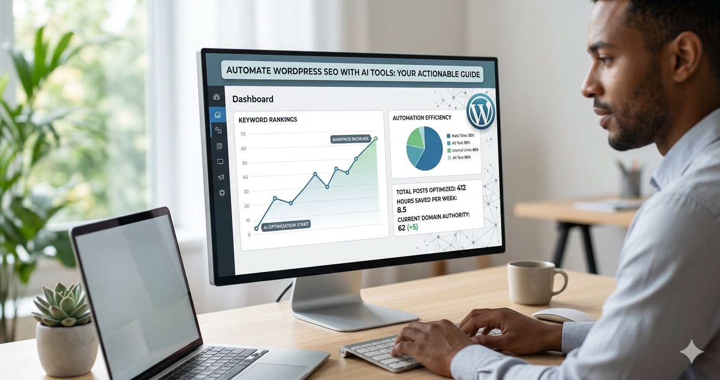 automate WordPress SEO with AI tools dashboard showing rankings and automation