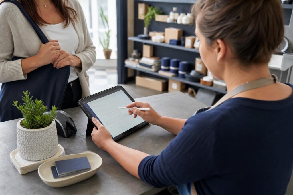 a Canadian shop owner at a front counter entering a new customer's answer to "how did you find us" into a CRM on a tablet