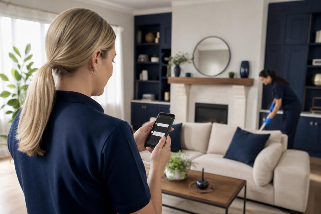 a cleaning company manager sending a post-job review request text to a customer from her phone in a client's living room