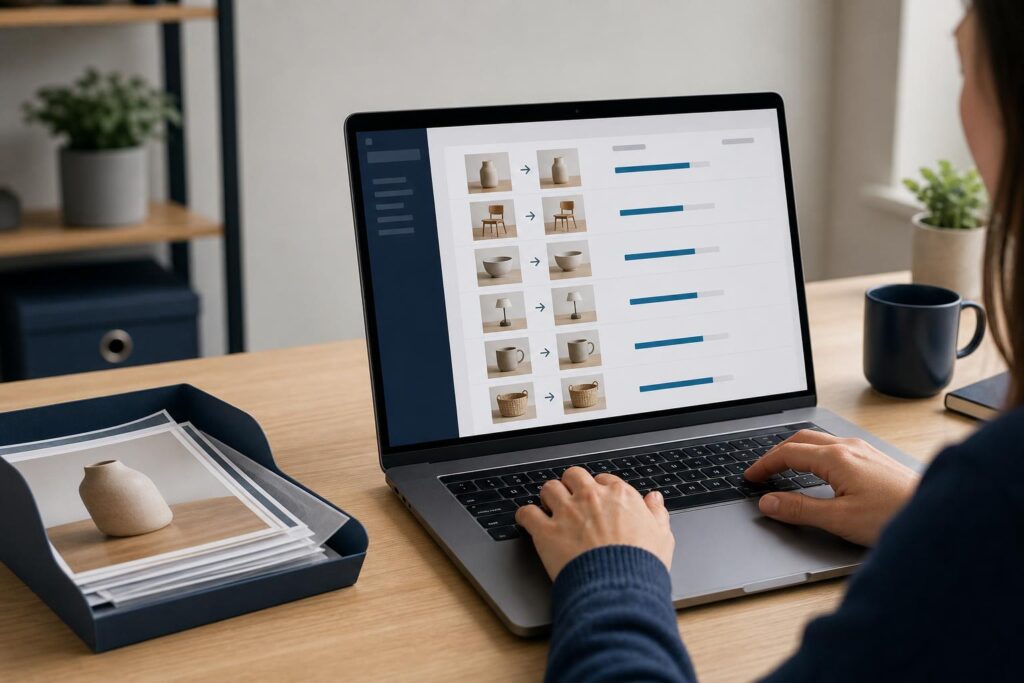 a content editor on a laptop batch-converting a folder of product photos to WebP, with file size columns shrinking in an image optimisation 