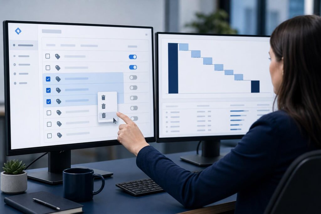 a marketing manager at a desk removing unused tracking tags from a Google Tag Manager workspace while a waterfall chart shows fewer external