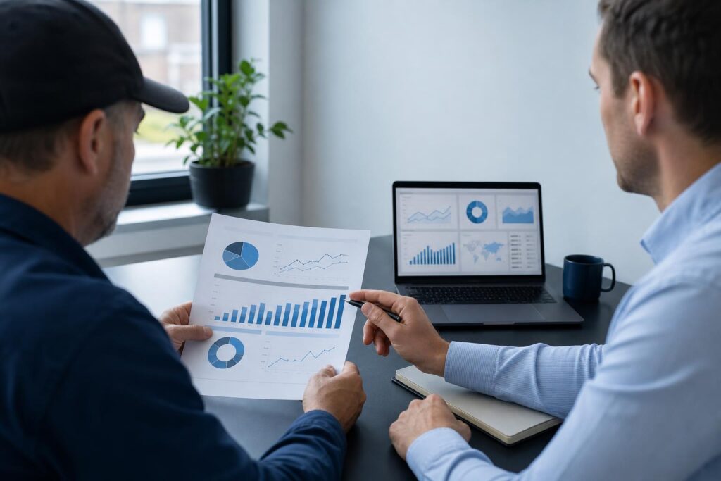 a Mississauga renovation contractor and an SEO consultant reviewing a printed quarterly ROI report next to a laptop showing a Looker Studio