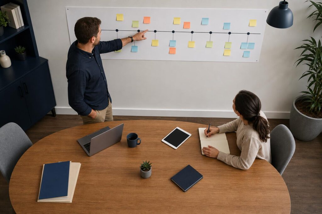 a project manager pointing at a wall-mounted timeline of website milestones with sticky notes while a client takes notes