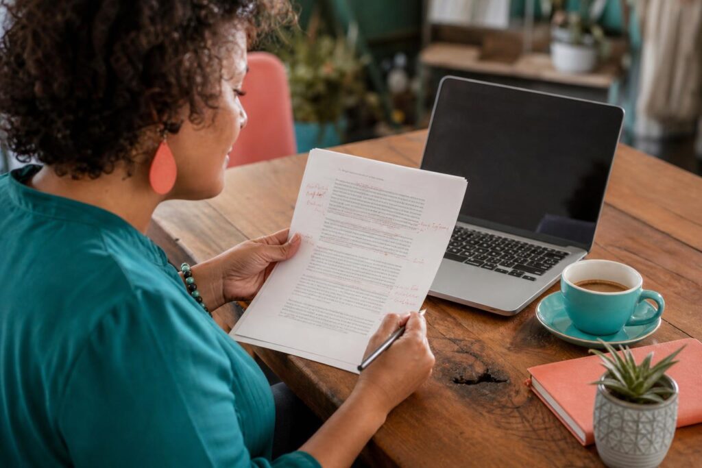 A real-world over-the-shoulder photo of a small business owner reviewing a printed article draft with handwritten margin notes next to a lap