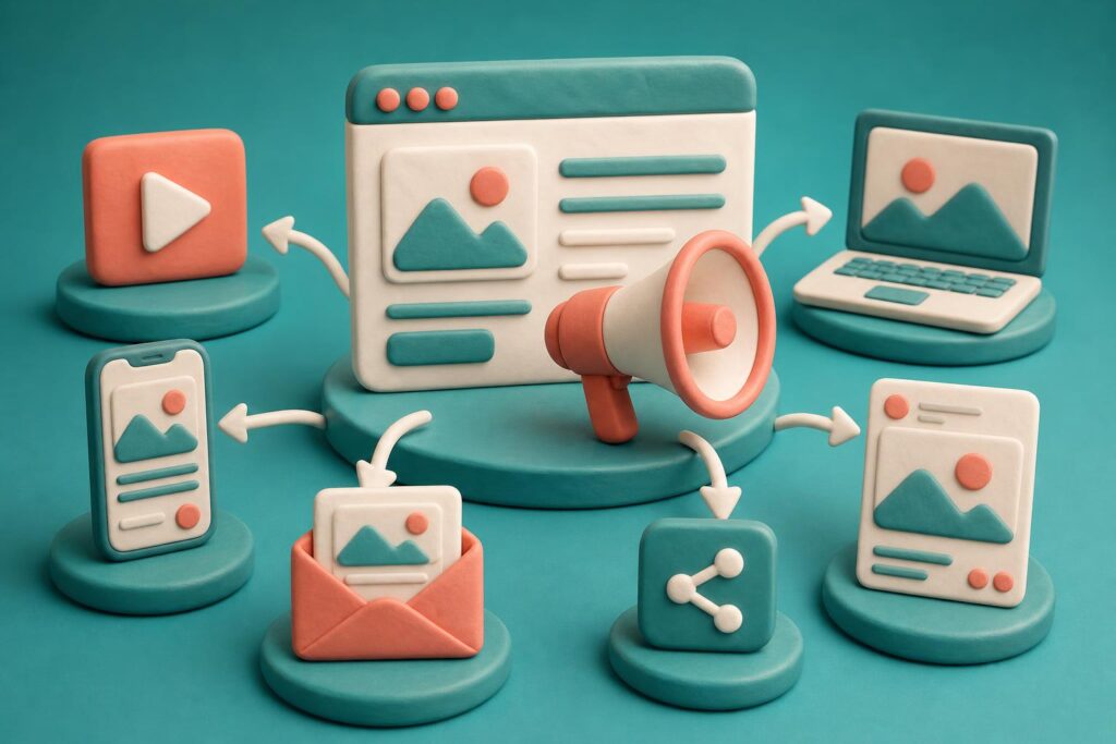 a realistic scene showing Step 7: Distribute and Repurpose Instead of Just Publishing