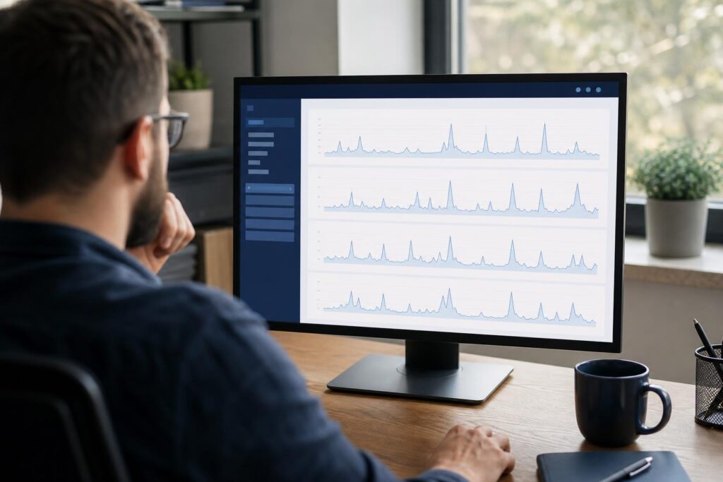A server administrator in a small office checking a hosting control panel graph showing CPU usage spikes across several WordPress sites