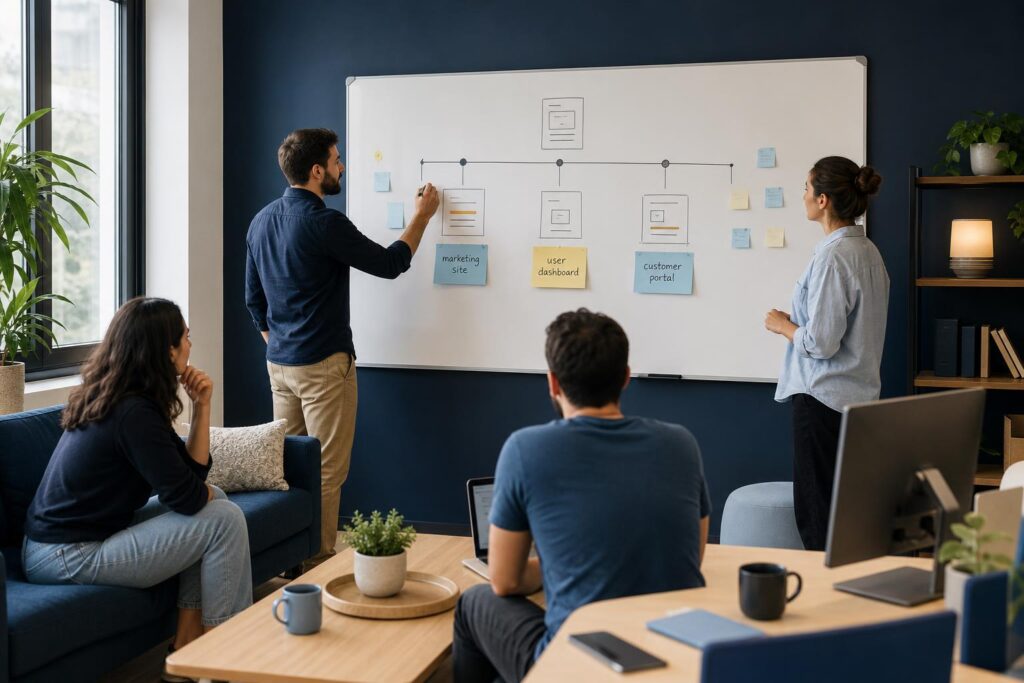 a startup team gathered around a whiteboard sketching a product roadmap with sticky notes labeled marketing site, user dashboard and custome
