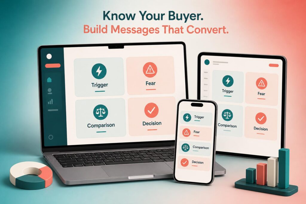 Content strategy for small business: a flat diagram of four labelled boxes showing the buyer profile inputs: "Trigger", "Fear", "Comparison"