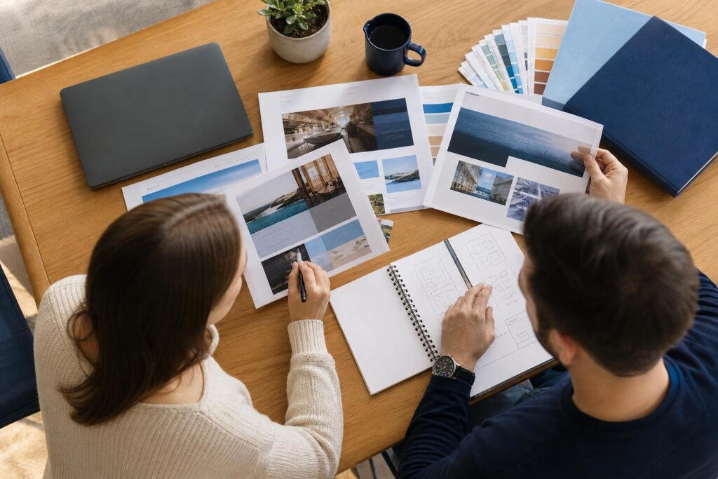 How to brief a web development agency: a designer and a small business owner at a desk comparing printed reference websites with handwritten