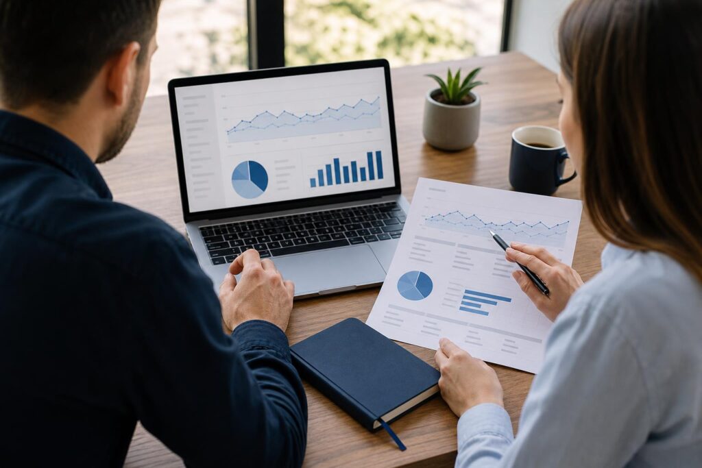 How to measure seo roi: a small business owner and a marketing consultant at a desk comparing a 90-day baseline spreadsheet on a laptop with
