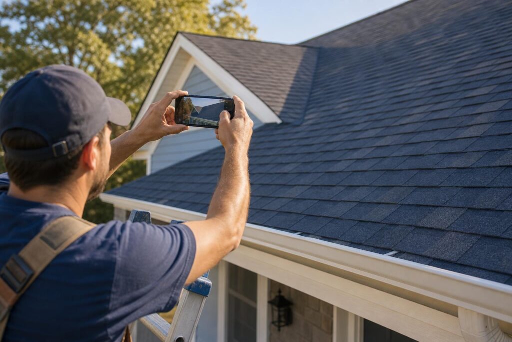 Local SEO strategy for small business 2026: a roofing contractor photographing a finished shingle job from a ladder to upload to his Google