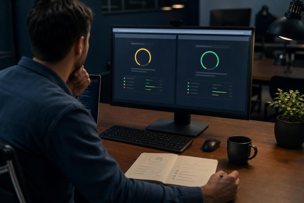 Next.js vs wordpress 2026: a developer at a desk reviewing a Lighthouse performance report on a monitor, comparing two scores side by side, 