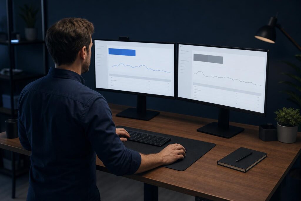 React vs next.js: a marketing manager at a standing desk comparing Google Search Console indexing reports on two monitors, one showing index