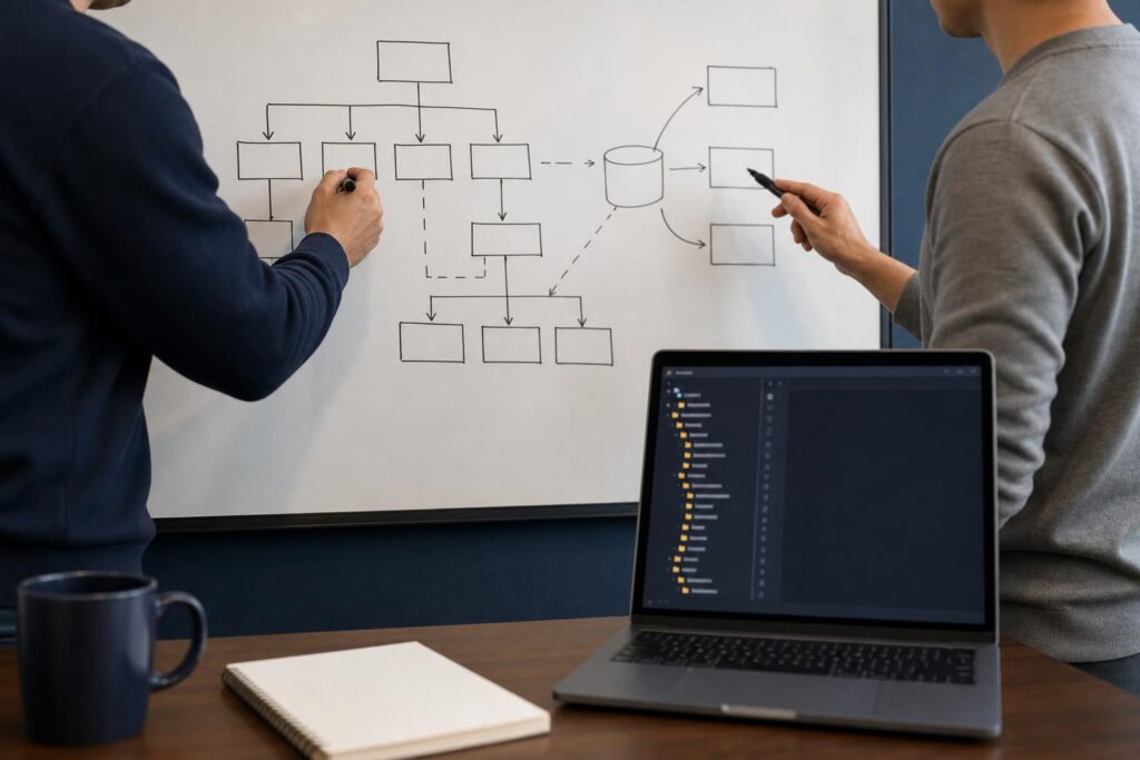 two developers at a whiteboard mapping a site's page structure and data flow, with a laptop showing a Next.js project folder open beside the