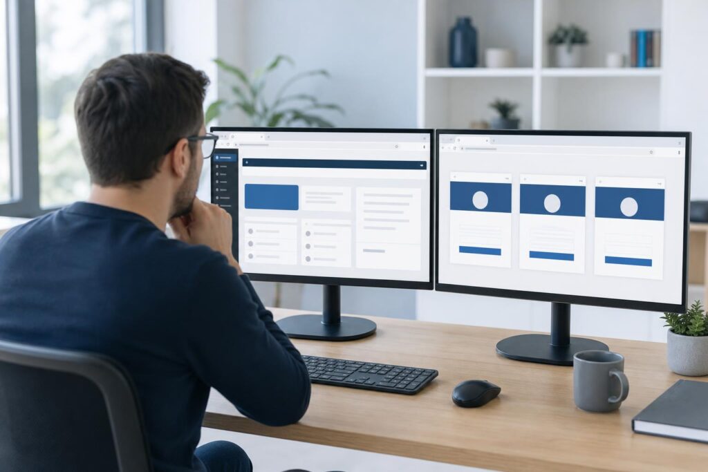 Wordpress multisite vs separate installs: a small business owner at a desk comparing two browser windows, one showing a single WordPress net