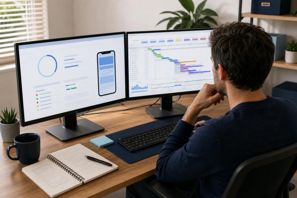 Wordpress speed optimization: a developer comparing a PageSpeed Insights mobile report and a WebPageTest waterfall chart on two monitors in 